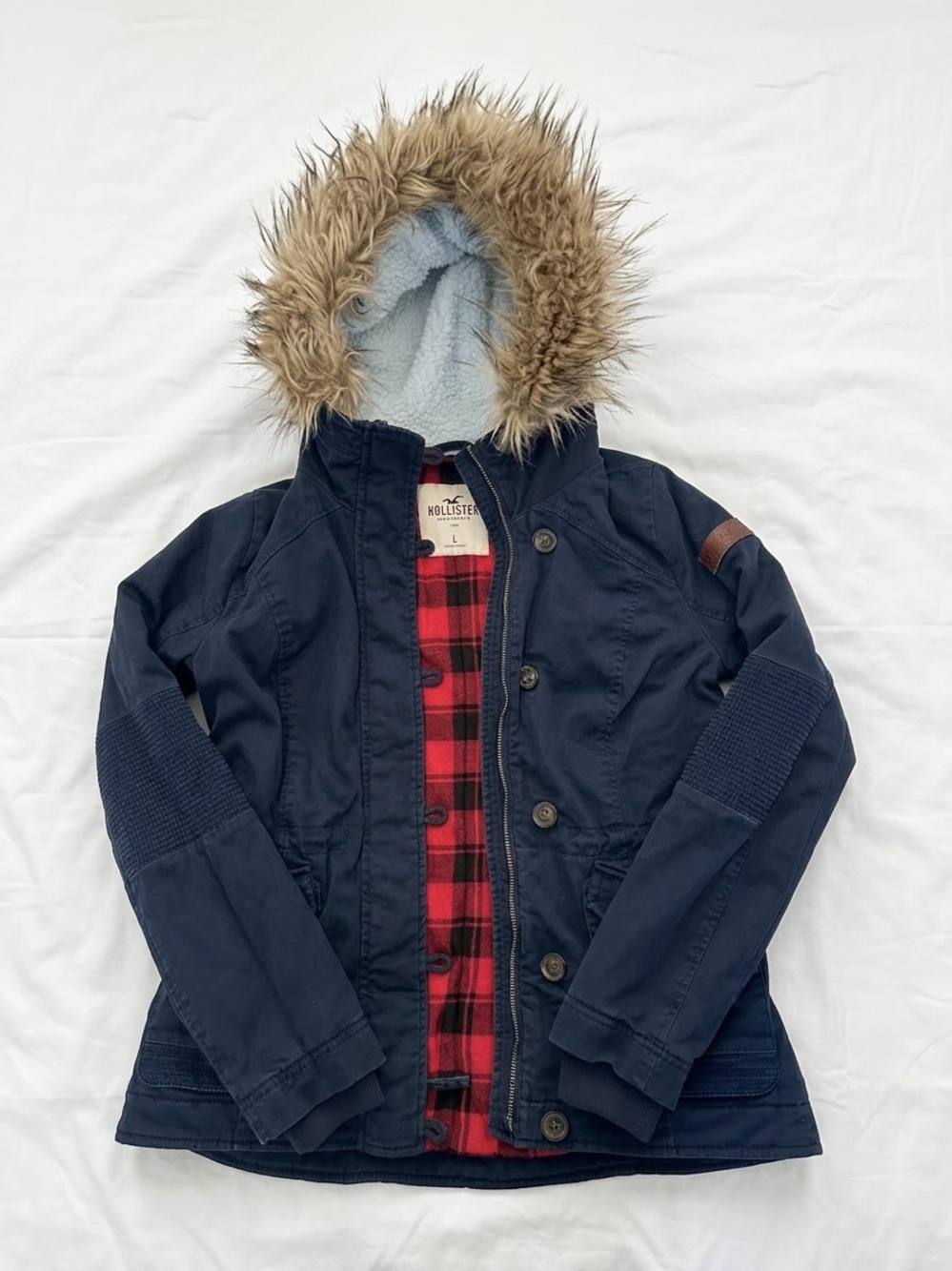 Y2K Early 2000s Hollister Navy Fur Hood Red & Black Plaid Lining Jacket
